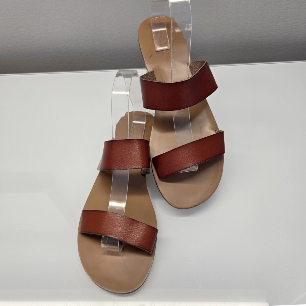 J Crew Slip On Slide Flat Sandals Women 9 Brown Double Strap Minimalist‎ Coastal